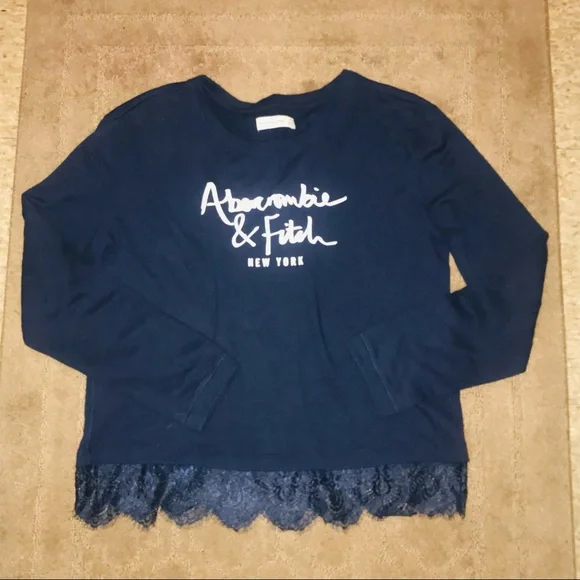 Abercrombie and Fitch navy logo sweatshirt with lace trim at bottom - Picture 2 of 7